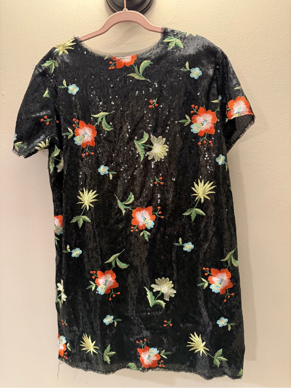 Zara W&B Black Sequin Floral Embroidered Mesh Shift Dress Short Sleeve Small